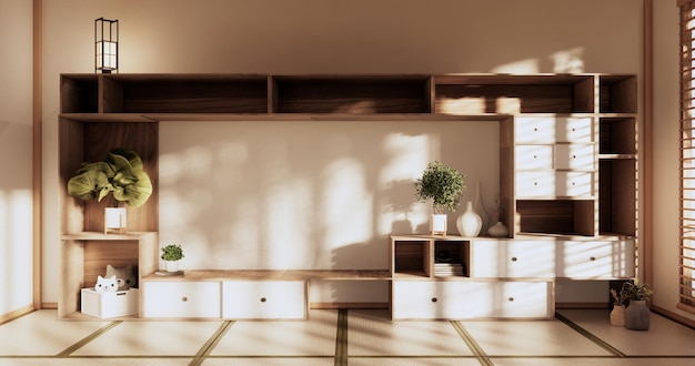 Box-Wandregale im Wohnzimmer im japanischen Stil Tatami-Matte und Dekorationslampe und Pflanzen auf weißem Zen-Room3D-Rendering