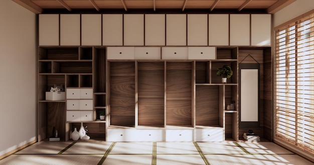 Box-Wandregale im Wohnzimmer im japanischen Stil Tatami-Matte und Dekorationslampe und Pflanzen auf weißem Zen-Room3D-Rendering