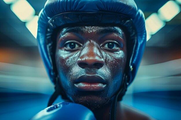 Foto boxeador afro-americano determinado com luvas e capacete no ringue, concentrado e pronto para o combate