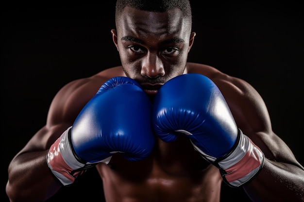 Boxeador apertando luvas azuis olhos focados para a frente