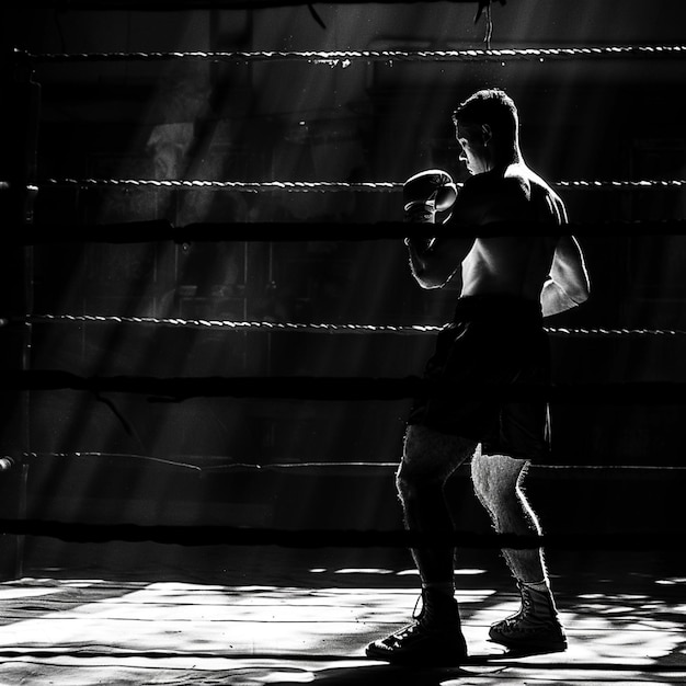 Boxeador calentándose con boxeo de sombra en el ring