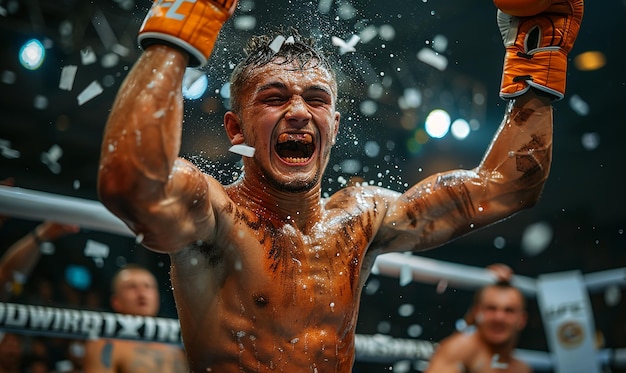 un boxeador con la cara mojada y las manos en el aire