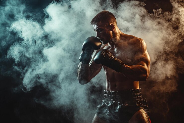 Un boxeador confiado de pie en una pose listo para pelear.