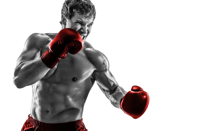 Boxeador de meio comprimento que pratica gancho de esquerda em luvas vermelhas no torso preto e branco de fundo branco