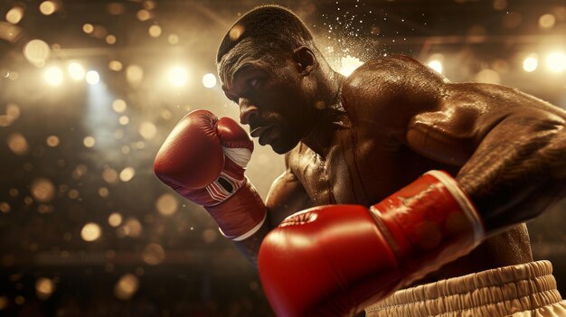 Foto boxeador em posição defensiva concentrado e pronto em um ringue de boxe mal iluminado