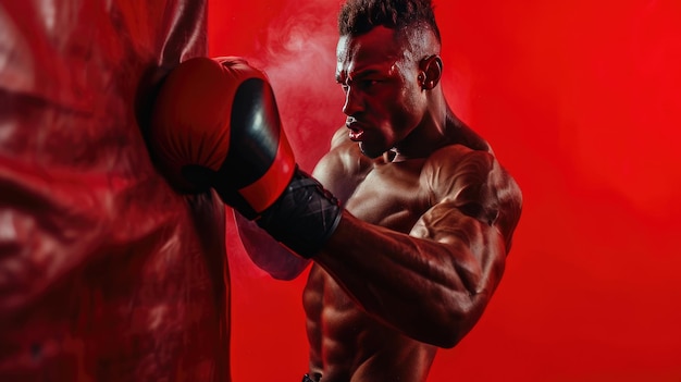 Un boxeador feroz con guantes mostrando su poderoso puñetazo en una bolsa