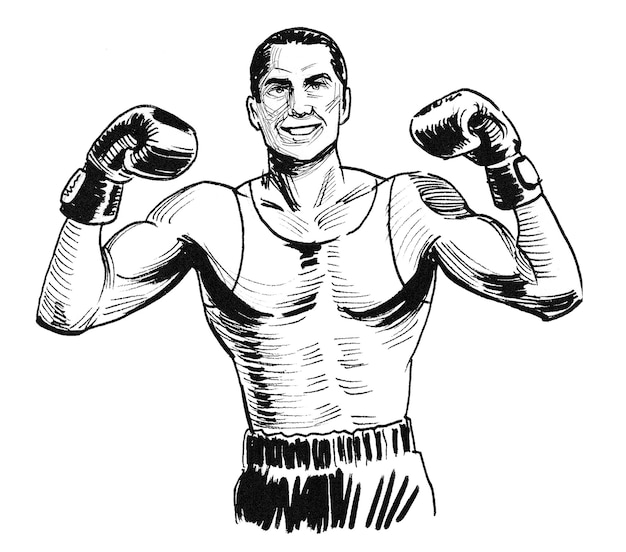 Boxeador fuerte. Dibujo a tinta en blanco y negro