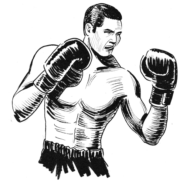 Boxeador fuerte. Dibujo a tinta en blanco y negro