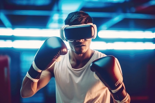 Un boxeador con gafas de realidad virtual 3D se dedica al boxeo Tecnología digital en el deporte IA generativa