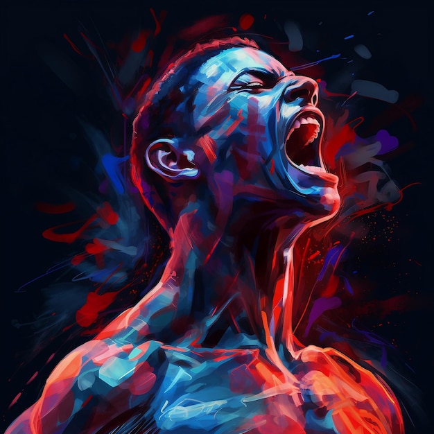 Un boxeador gritando cubierto de pintura roja y azul.