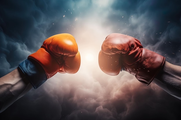 Foto boxeador con guantes dos manos masculinas con guantes de boxeo luchando con humo y luz solar medios mixtos
