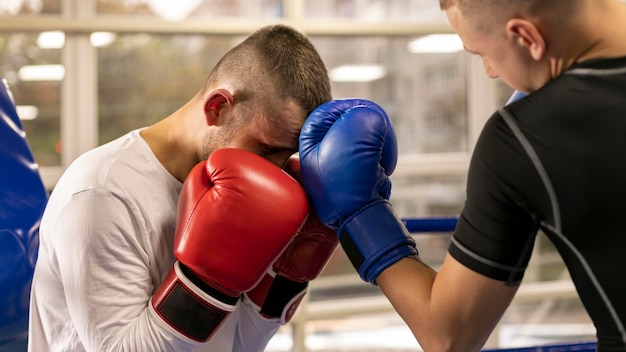 Boxeador con guantes entrenando con hombre en el ring