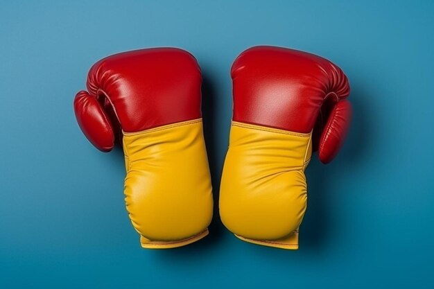 Foto boxeador guantes rojos amarillos sheker ritmo objeto de fondo azul para gimnasio de pesas en el bienestar para el acero