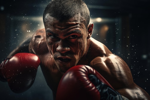 boxeador con guantes rojos en el gimnasio