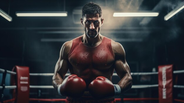 Foto boxeador con guantes rojos de pie en el ring de boxeo concepto de boxes ia generativa