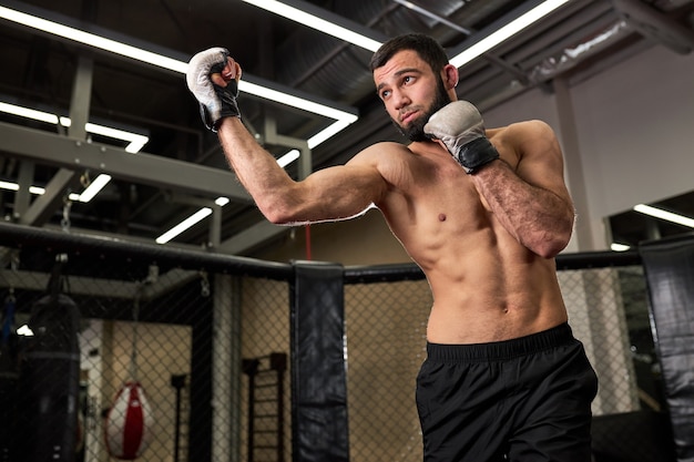 Boxeador, hombre sin camisa peleando o posando con guantes. Concepto de fitness y boxeo. Recreación deportiva individual. Hombre en forma fuerte dedicado al deporte, kickboxing