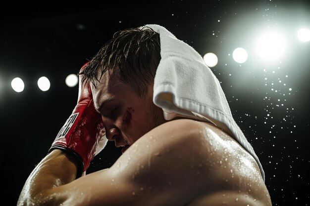 Foto boxeador limpiando la cara con una toalla respirando pesadamente