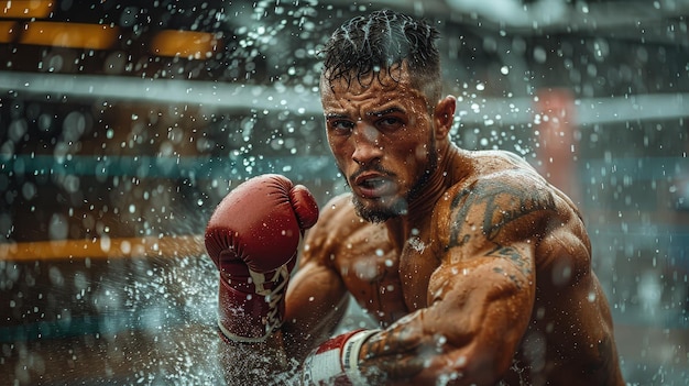 Un boxeador luchando en un gimnasio urbano, sudor y dedicación.