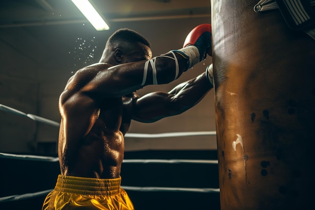 Un boxeador con las manos atadas golpeando una bolsa pesada.