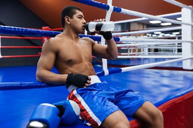 Boxeador masculino apoyado en el ring de boxeo y agua potable