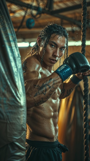 un boxeador mexicano de MMA con el cabello trenzado en la parte delantera y entrenando en el gimnasio