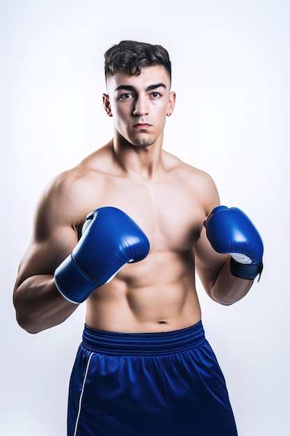 Boxeador musculoso en guantes azules cortos retrato de estudio de medio cuerpo