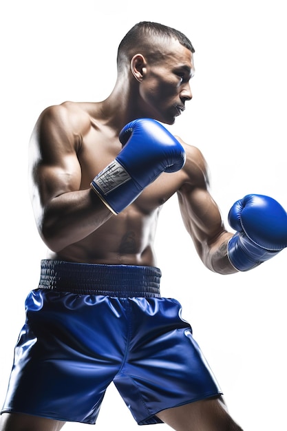 Boxeador musculoso en posición de perfil guantes azules pantalones cortos recorte de medio cuerpo en blanco