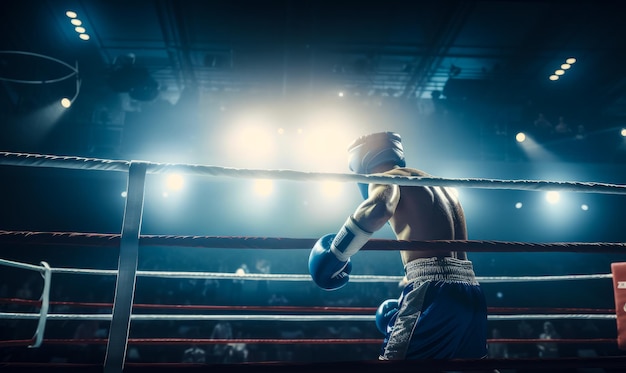 Boxeador profesional en guantes de casco y pantalones cortos de pie en el ring Vista de ángulo bajo Luz brillante y espectadores en el telón de fondo IA generativa