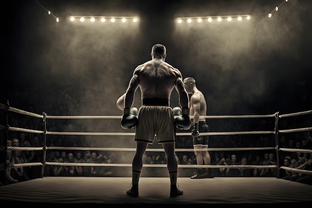 Boxeador profissional lutando na visão panorâmica da grande arena Rede neural gerada por IA