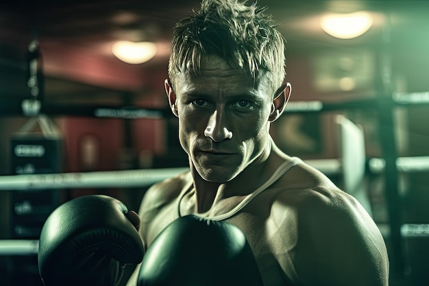 Un boxeador en un ring de boxeo con un fondo verde