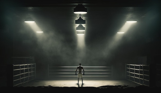 Un boxeador se para en un ring de boxeo oscuro con un foco de atención