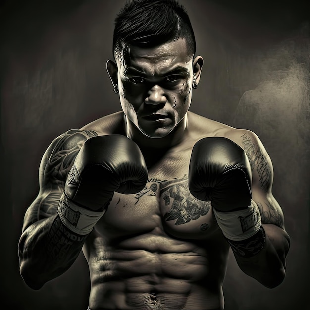 Boxeador tailandés en posición de lucha Artes marciales tatuajes boxeo muaythai escala de grises persona inexistente arte de alta resolución inteligencia artificial generativa