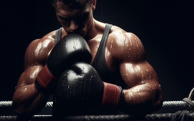 El boxeador usa guantes de boxeo y practica luchando sudando mucho por todo el cuerpo Negro poderoso