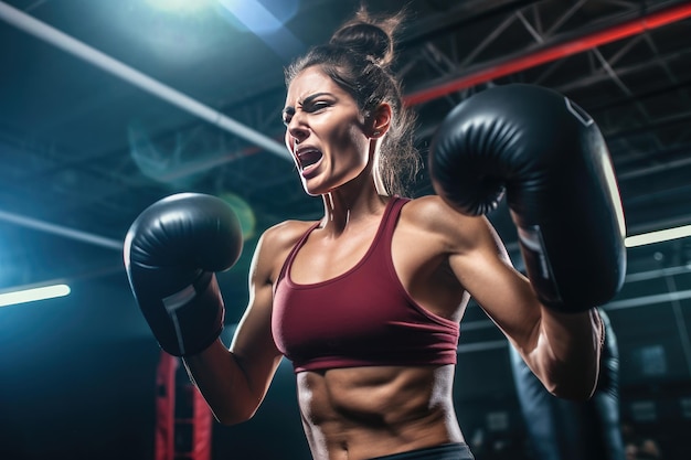 Boxeadora batendo em um enorme saco de pancadas em um estúdio de boxe Jogo esportivo Generative ai
