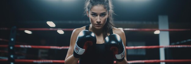 Boxeadora feminina perfurando almofadas de foco em um ringue de boxe