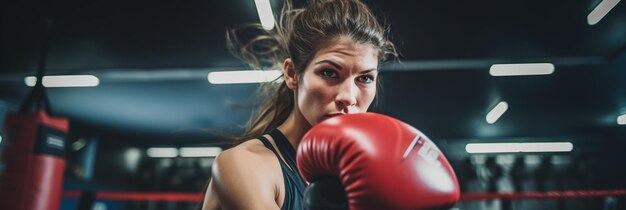 Boxeadora perforando almohadillas de enfoque en un ring de boxeo