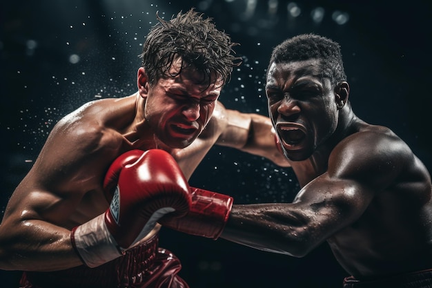 Boxeadores de acción de alta intensidad en el momento dramático del golpe estilo de fotografía deportiva profesional