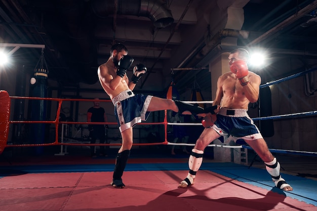 Boxeadores entrenando kickboxing en el ring