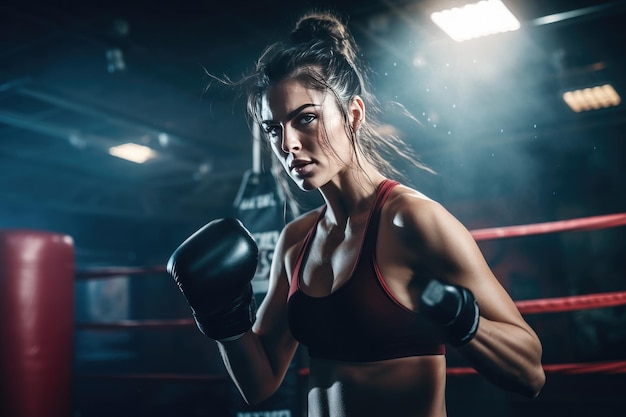 Foto boxeira batendo em um enorme saco de boxe em um estúdio de boxe