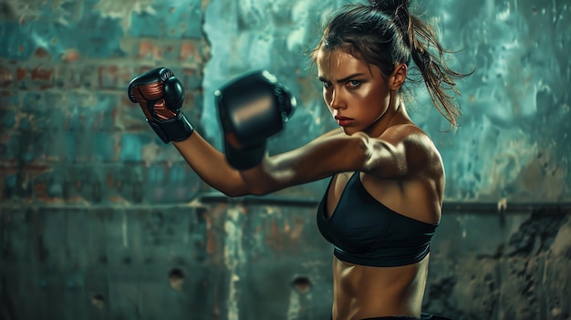 Foto boxeira confiante dando um soco em um ginásio de boxe ela está vestindo um sutiã esportivo preto e luvas de boxe vermelhas