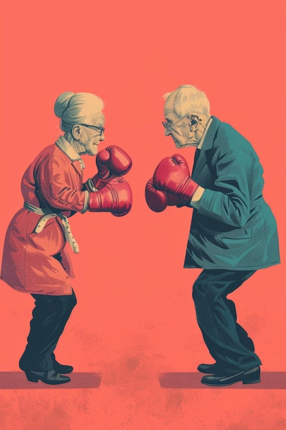 Boxen zwischen zwei pensionierten älteren Menschen, die um den Sieg kämpfen, Geschäftsrivalen Illustration