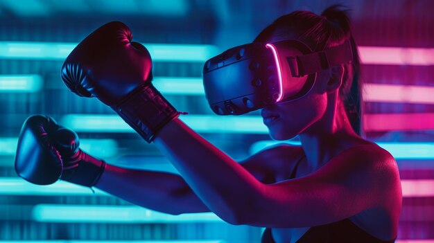 Foto boxeo de realidad virtual en una arena iluminada por neón ia generativa