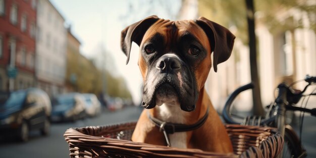 Boxer-Hund viel Spaß mit dem Fahrrad am Morgen der Sonne im Sommer auf der Stadtstraße