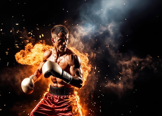 Boxer in weißen Boxhandschuhen, der im Feuer kämpft