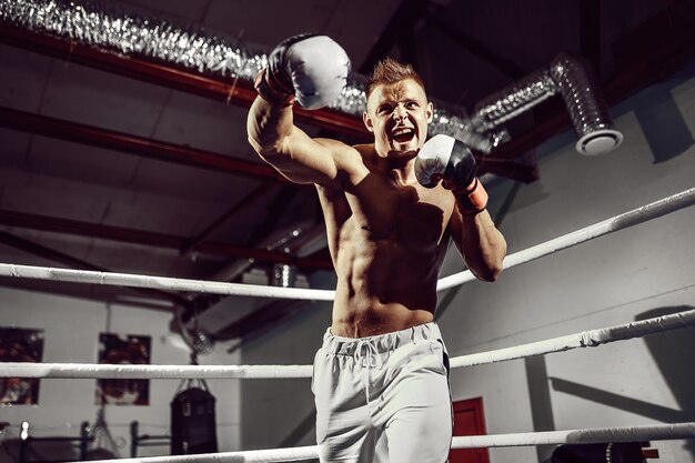 Boxer. jovem boxeador confiante no ringue de boxe