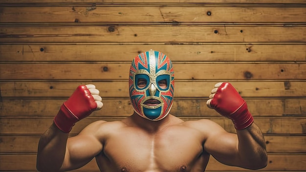 Boxer mit Lucha Libre-Wrestling-Maske und Boxhandschuhen auf einem Holzwandhintergrund Generative KI