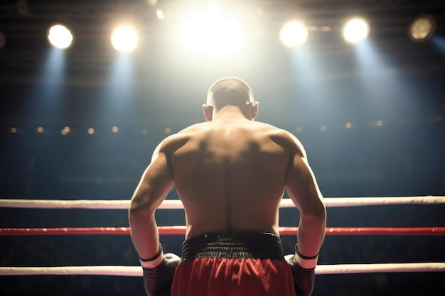 Boxer no ringue de boxe com luzes de flash vista por trás