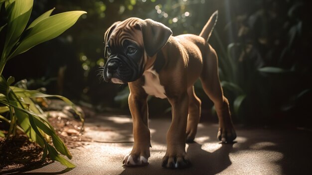 Boxer Puppy39s primeiros passos em um jardim ensolarado