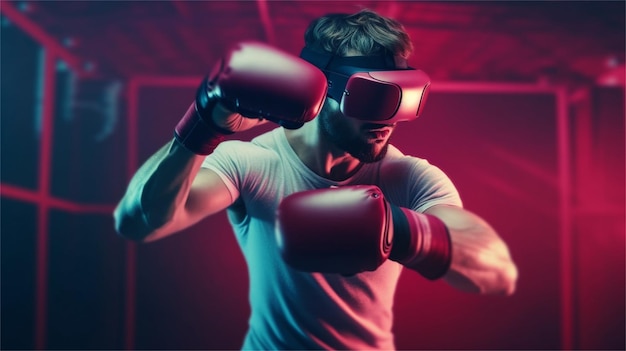 Boxer treinando no ringue de boxe na academia Boxer usando óculos de realidade virtual