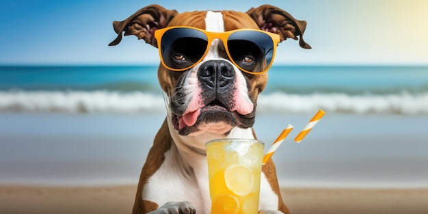 Boxerhund macht Sommerurlaub im Badeort und entspannt sich am Sommerstrand von Hawaii